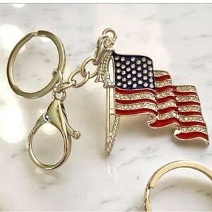 1 Left Silver American Flag Keychain or bag charm in red and blue wavy texture